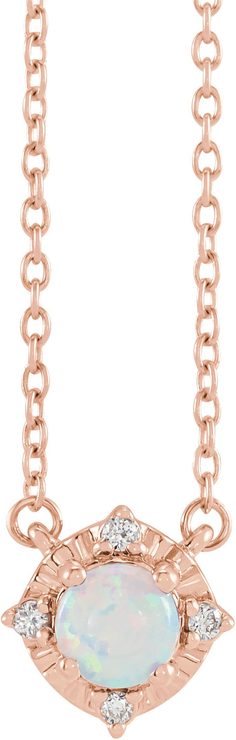 14K Gold Round Lab-Grown White Opal & Natural Diamond Birthstone Halo-Style Necklace - Rose Gold