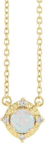 14K Gold Round Lab-Grown White Opal & Natural Diamond Birthstone Halo-Style Necklace - Yellow Gold