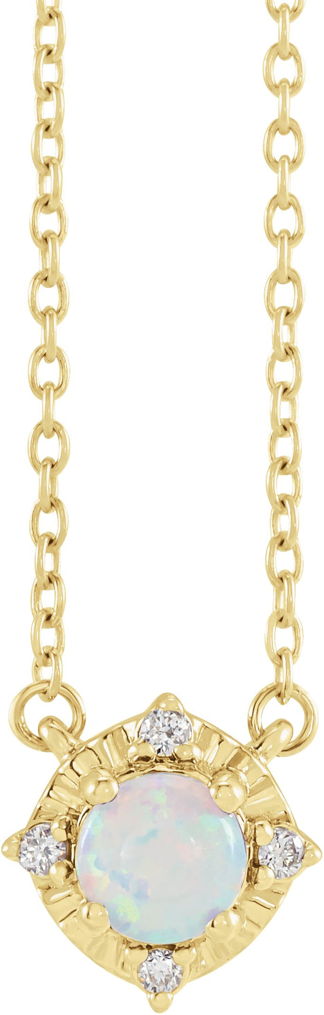 14K Gold Round Lab-Grown White Opal & Natural Diamond Birthstone Halo-Style Necklace - Yellow Gold