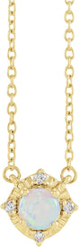 14K Gold Round Lab-Grown White Opal & Natural Diamond Birthstone Halo-Style Necklace - Yellow Gold