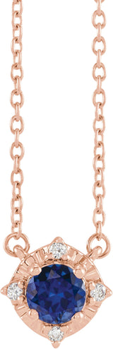 14K Gold Round Lab-Grown Blue Sapphire & Natural Diamond Birthstone Halo-Style Necklace - Rose Gold