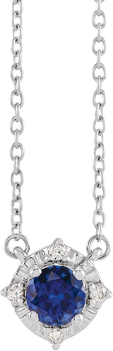 14K Gold Round Lab-Grown Blue Sapphire & Natural Diamond Birthstone Halo-Style Necklace - White Gold