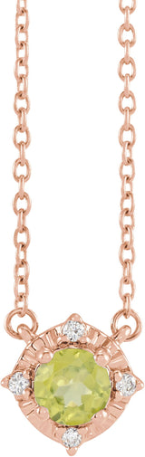 14K Gold Round Natural Peridot & Natural Diamond Birthstone Halo-Style Necklace - Rose Gold