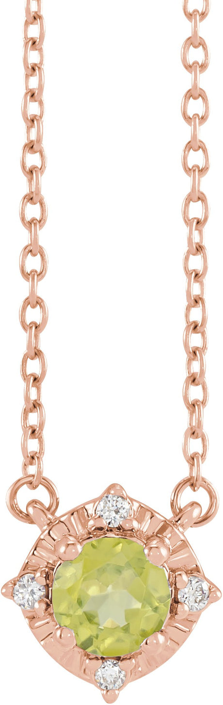 14K Gold Round Natural Peridot & Natural Diamond Birthstone Halo-Style Necklace - Rose Gold
