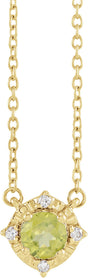 14K Gold Round Natural Peridot & Natural Diamond Birthstone Halo-Style Necklace - Yellow Gold