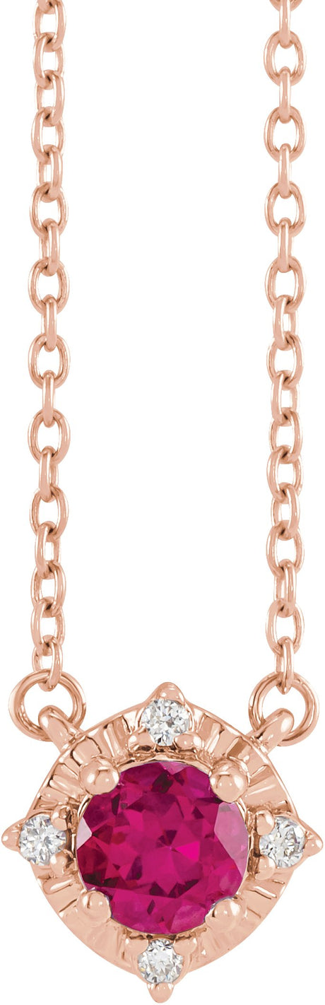 14K Gold Round Lab-Grown Ruby & Natural Diamond Birthstone Halo-Style Necklace - Rose Gold