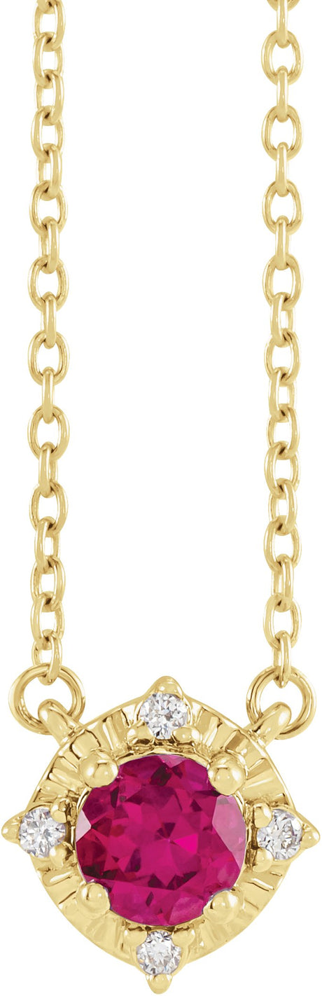 14K Gold Round Lab-Grown Ruby & Natural Diamond Birthstone Halo-Style Necklace - Yellow Gold