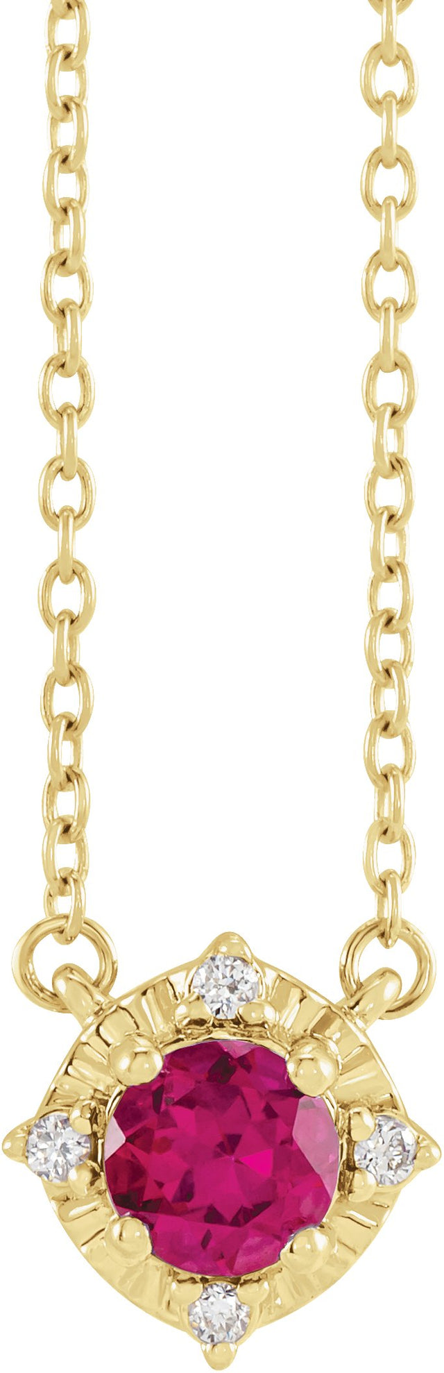 14K Gold Round Lab-Grown Ruby & Natural Diamond Birthstone Halo-Style Necklace - Yellow Gold