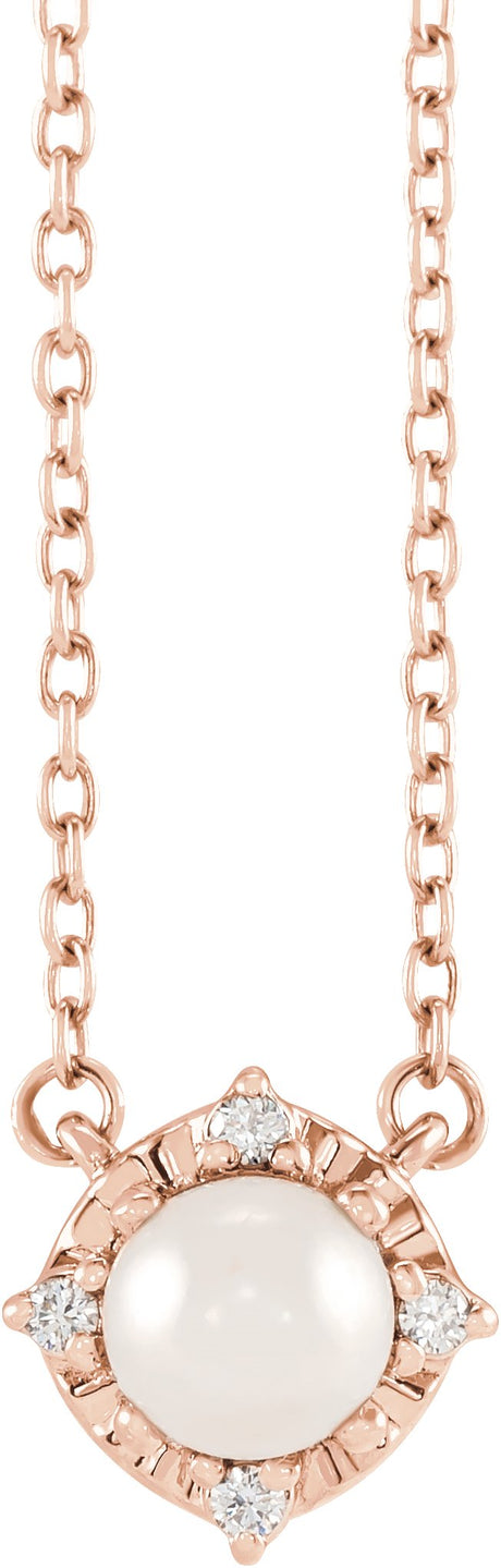 14K Gold Pearl Cultured White Freshwater Pearl & Natural Diamond Birthstone Halo-Style Necklace – 0.04 CTW - Rose Gold