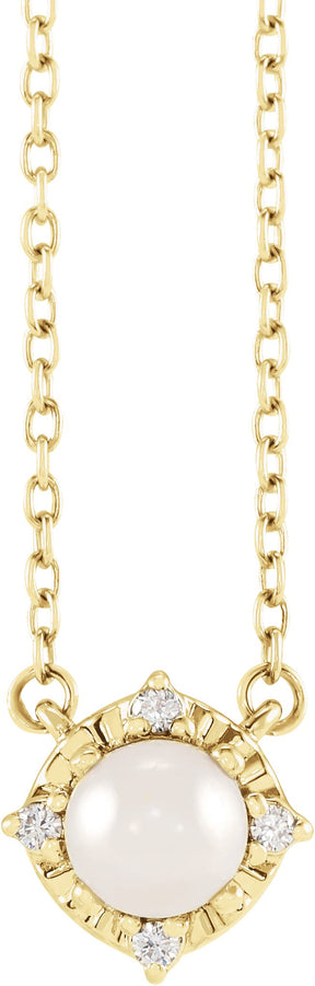 14K Gold Pearl Cultured White Freshwater Pearl & Natural Diamond Birthstone Halo-Style Necklace – 0.04 CTW - Yellow Gold