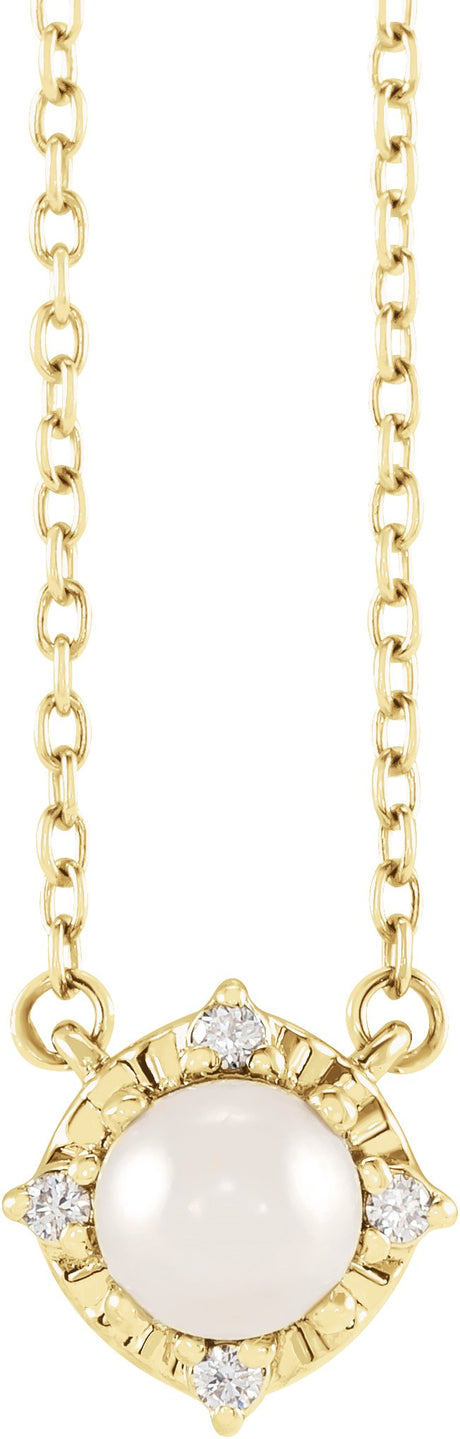 14K Gold Pearl Cultured White Freshwater Pearl & Natural Diamond Birthstone Halo-Style Necklace – 0.04 CTW - Yellow Gold