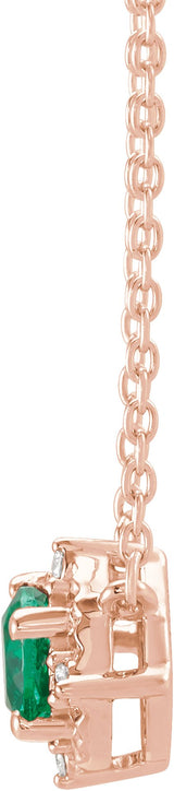 14K Gold Round Lab-Grown Emerald & Natural Diamond Birthstone Halo-Style Necklace - Rose Gold - view 2