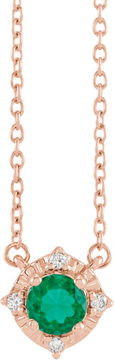 14K Gold Round Lab-Grown Emerald & Natural Diamond Birthstone Halo-Style Necklace - Rose Gold
