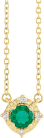 14K Gold Round Lab-Grown Emerald & Natural Diamond Birthstone Halo-Style Necklace - Yellow Gold