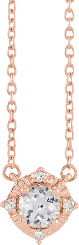 14K Gold Round Lab-Grown White Sapphire & Natural Diamond Birthstone Halo-Style Necklace - Rose Gold