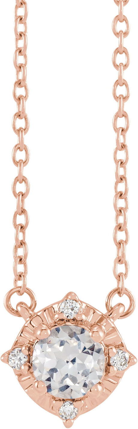 14K Gold Round Lab-Grown White Sapphire & Natural Diamond Birthstone Halo-Style Necklace - Rose Gold
