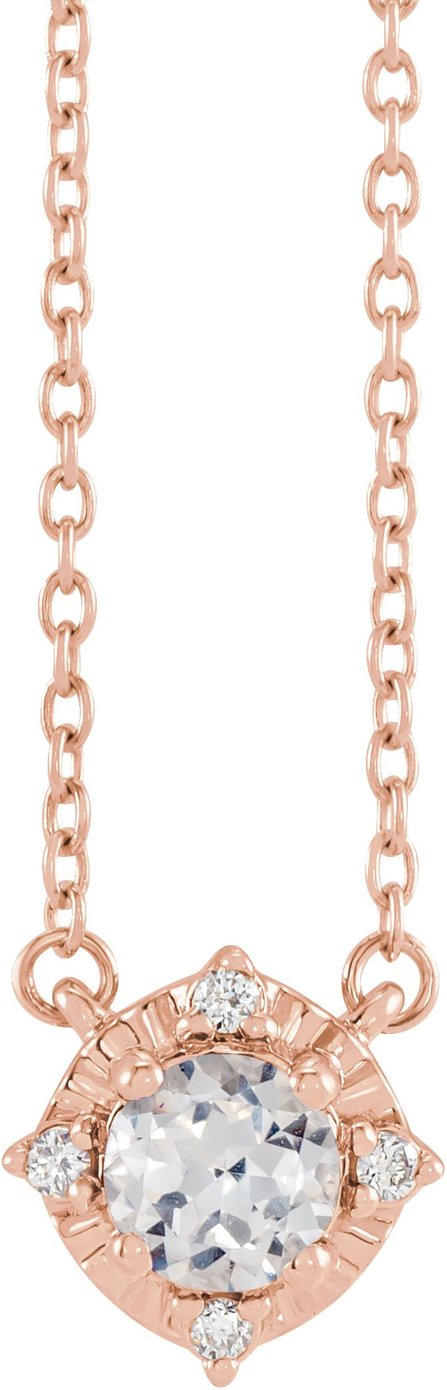14K Gold Round Lab-Grown White Sapphire & Natural Diamond Birthstone Halo-Style Necklace - Rose Gold
