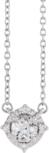 14K Gold Round Lab-Grown White Sapphire & Natural Diamond Birthstone Halo-Style Necklace - White Gold
