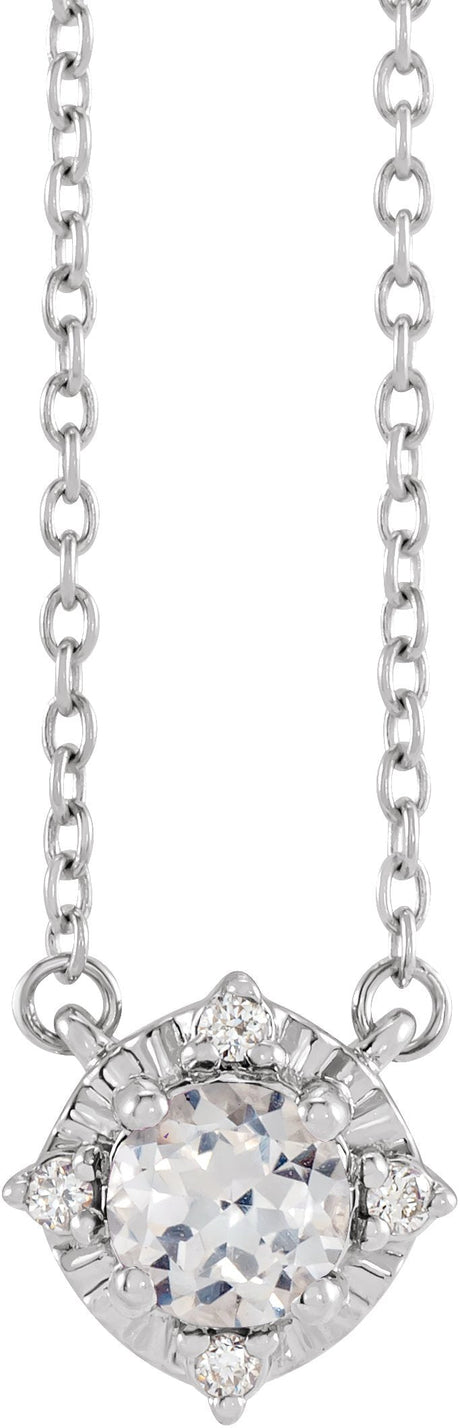 14K Gold Round Lab-Grown White Sapphire & Natural Diamond Birthstone Halo-Style Necklace - White Gold
