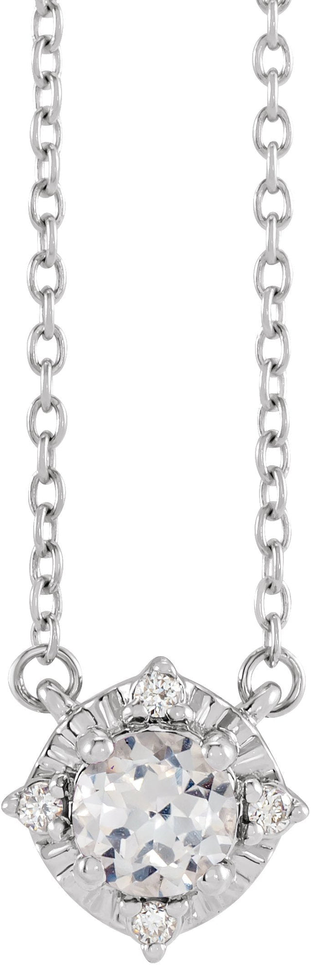 14K Gold Round Lab-Grown White Sapphire & Natural Diamond Birthstone Halo-Style Necklace - White Gold