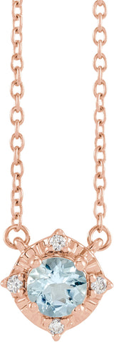 14K Gold Round Natural Aquamarine & Natural Diamond Birthstone Halo-Style Necklace - Rose Gold