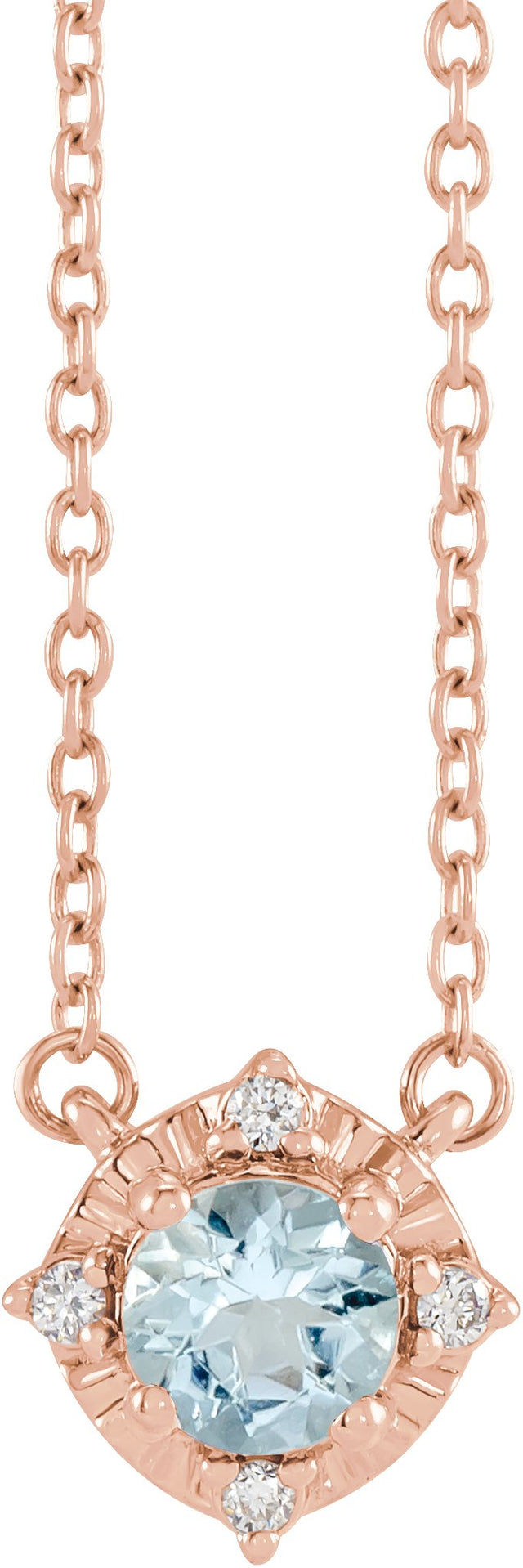 14K Gold Round Natural Aquamarine & Natural Diamond Birthstone Halo-Style Necklace - Rose Gold
