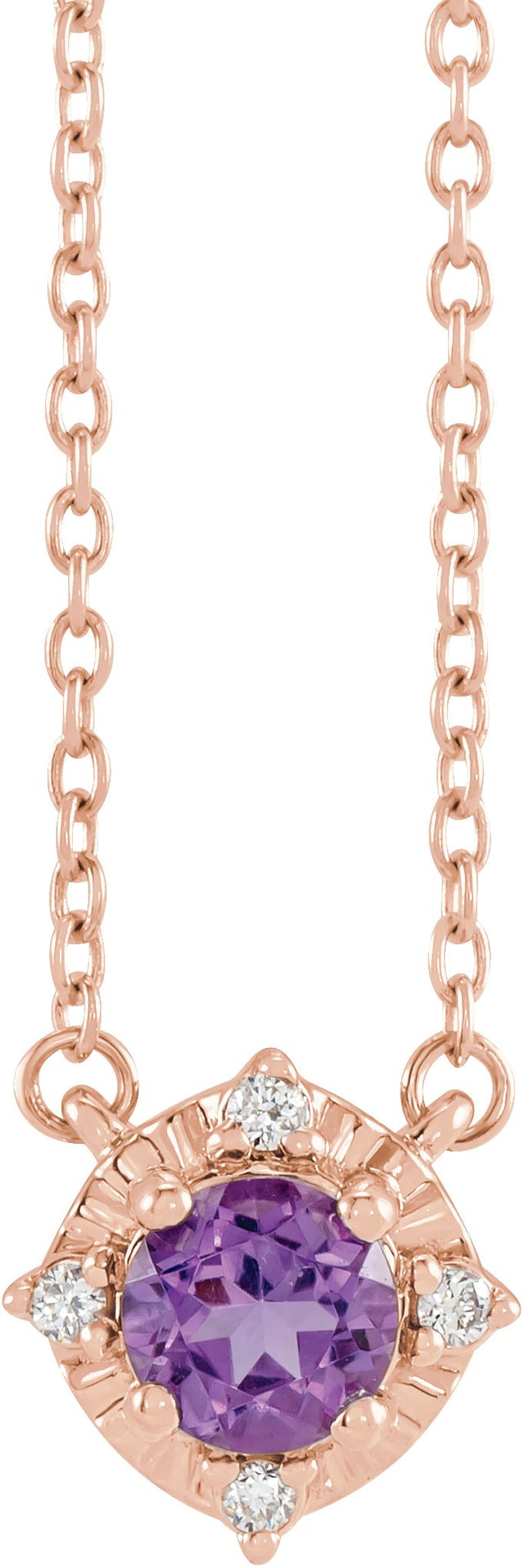 14K Gold Round Natural Amethyst & Natural Diamond Birthstone Halo-Style Necklace - Rose Gold