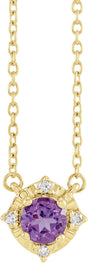 14K Gold Round Natural Amethyst & Natural Diamond Birthstone Halo-Style Necklace - Yellow Gold