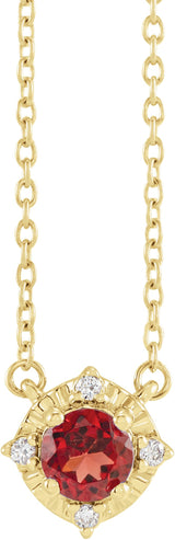 14K Gold Round Natural Mozambique Garnet & Natural Diamond Birthstone Halo-Style Necklace - Yellow Gold