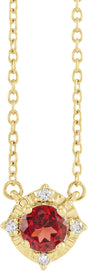 14K Gold Round Natural Mozambique Garnet & Natural Diamond Birthstone Halo-Style Necklace - Yellow Gold
