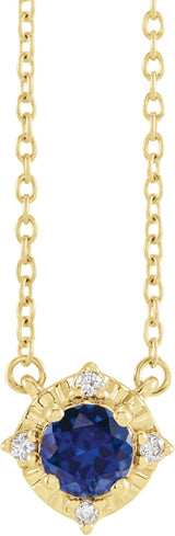 14K Gold Round Lab-Grown Blue Sapphire & Natural Diamond Birthstone Halo-Style Necklace - Yellow Gold