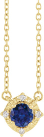 14K Gold Round Lab-Grown Blue Sapphire & Natural Diamond Birthstone Halo-Style Necklace - Yellow Gold