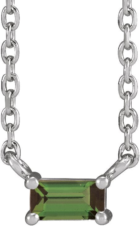 14K Gold Straight Baguette Natural Green Tourmaline Solitaire Necklace - White Gold