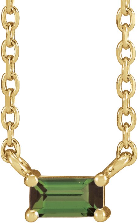 14K Gold Straight Baguette Natural Green Tourmaline Solitaire Necklace - Yellow Gold