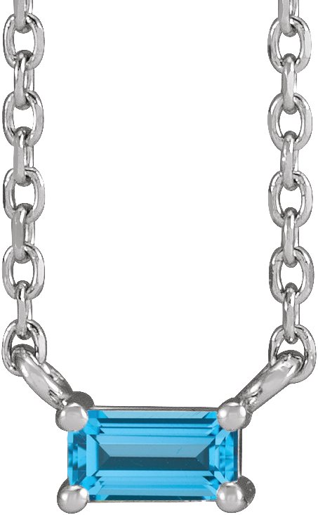 Platinum Straight Baguette Natural Swiss Blue Topaz Solitaire Necklace