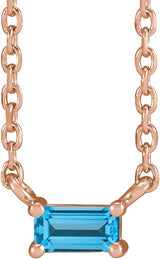 14K Gold Straight Baguette Natural Swiss Blue Topaz Solitaire Necklace - Rose Gold
