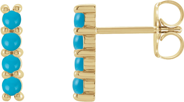 14K Gold Round Natural Turquoise Cabochon Bar Earrings - Yellow Gold