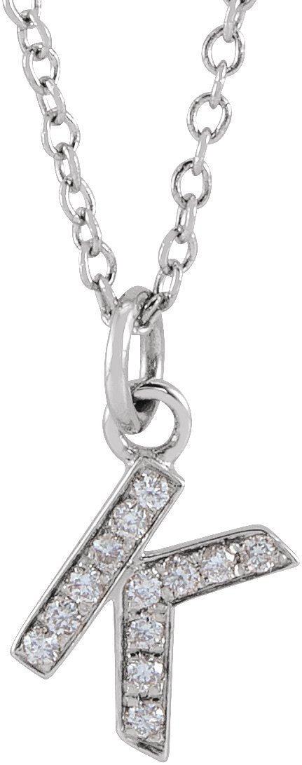 14K Gold Round Natural Diamond Petite Initial Necklace - White Gold