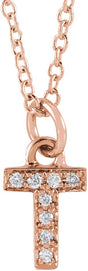 14K Gold Round Natural Diamond Petite Initial Necklace - Rose Gold