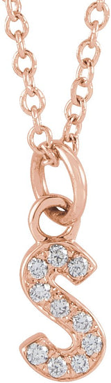 14K Gold Round Natural Diamond Petite Initial Necklace - Rose Gold