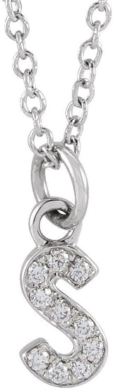 14K Gold Round Natural Diamond Petite Initial Necklace - White Gold