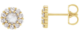 Platinum Round Natural White Opal Rose-Cut Halo-Style Earrings