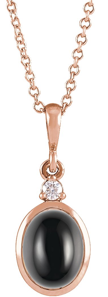 14K Gold Oval Natural Black Onyx & Natural Diamond Cabochon Bezel-Set Necklace or Pendant - Rose Gold