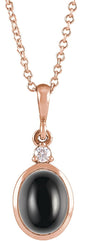 14K Gold Oval Natural Black Onyx & Natural Diamond Cabochon Bezel-Set Necklace or Pendant - Rose Gold