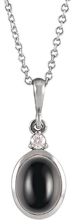 Platinum Oval Natural Black Onyx & Natural Diamond Cabochon Bezel-Set Necklace or Pendant