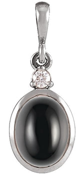 Platinum Oval Natural Black Onyx & Natural Diamond Cabochon Bezel-Set Necklace or Pendant