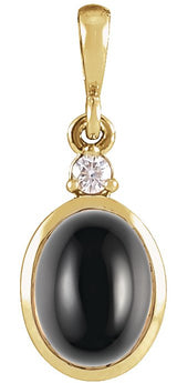 14K Gold Oval Natural Black Onyx & Natural Diamond Cabochon Bezel-Set Necklace or Pendant - Yellow Gold
