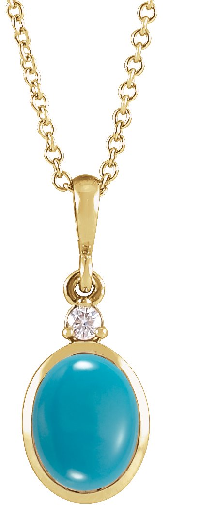 14K Gold Oval Natural Turquoise & Natural Diamond Cabochon Bezel-Set Necklace or Pendant - Yellow Gold