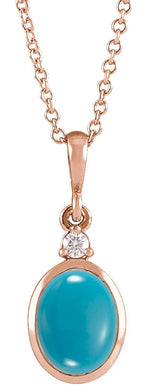 14K Gold Oval Natural Turquoise & Natural Diamond Cabochon Bezel-Set Necklace or Pendant - Rose Gold