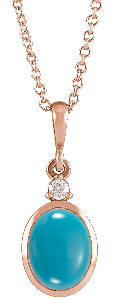 14K Gold Oval Natural Turquoise & Natural Diamond Cabochon Bezel-Set Necklace or Pendant - Rose Gold